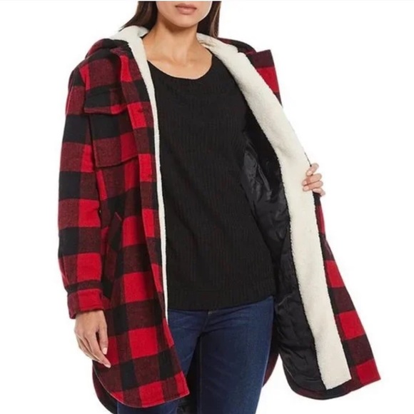 Sold! Plaid Wool Oversized Shirt Jacket Red Buffalo/cream Sherpa - Picture 8 of 16